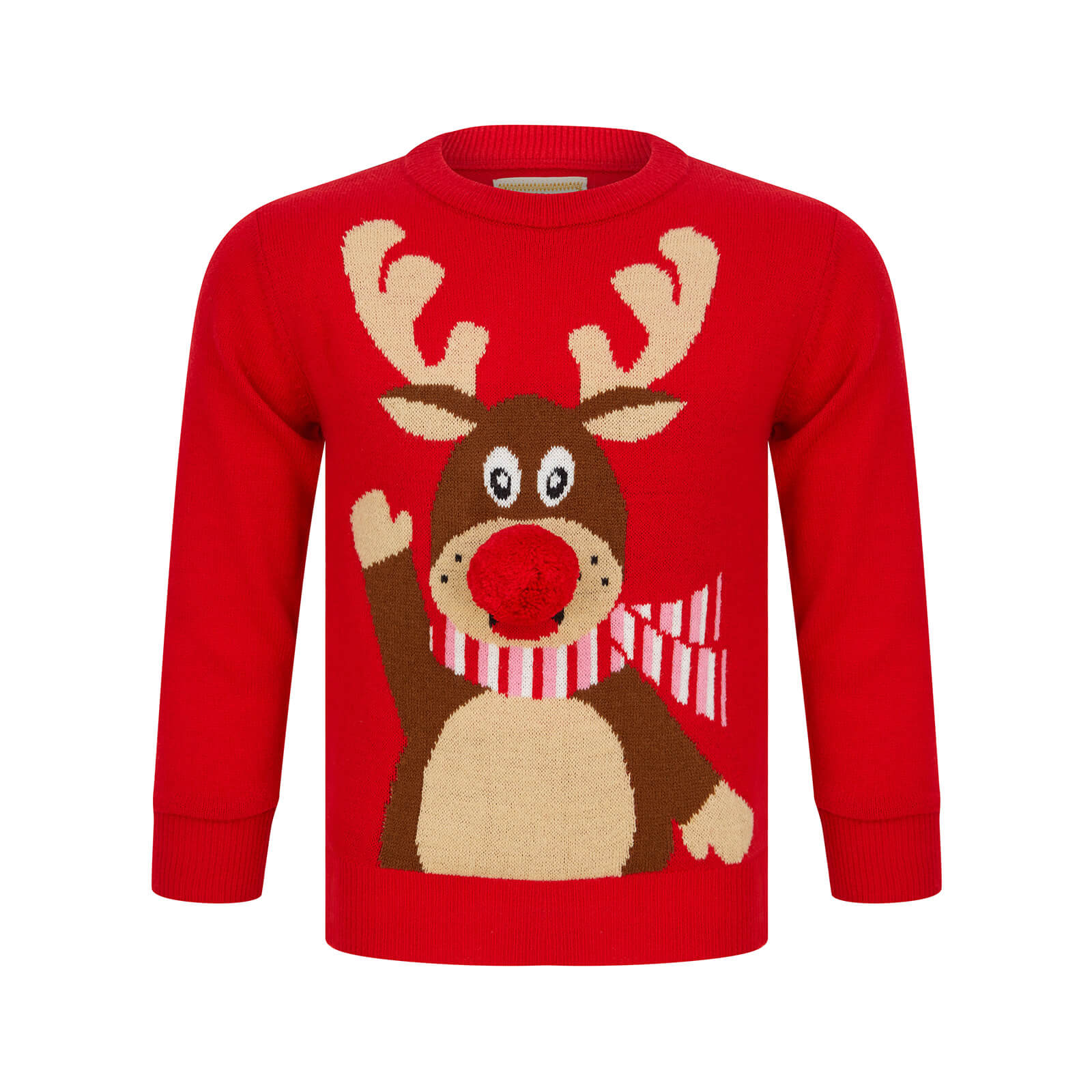 Mr Crimbo Kids Waving Reindeer Pom Pom Nose Christmas Jumper - MrCrimbo.co.uk -SRG4A190271_F - Red -11-13 years